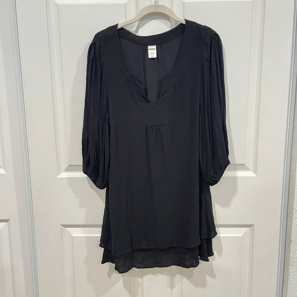 L*Space Black Tunic Dress Women's Medium‎ Flowy V Neck Blouse Layered 3/4 Sleeve